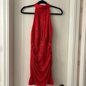 Elegant Red Sequin Halter Dress